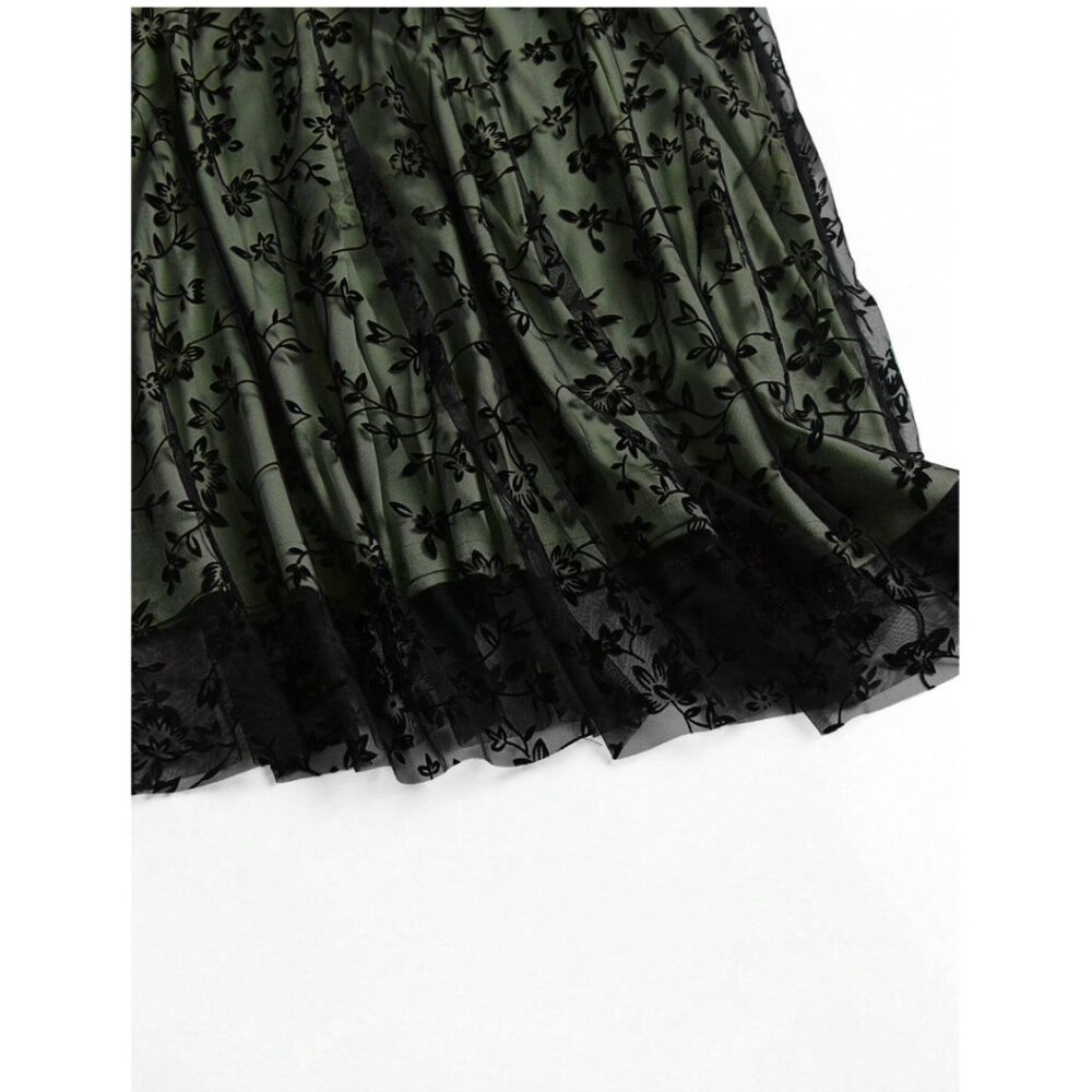 Floral Flocking Tulle Long A-Line Skirt Green - Picture 5 of 11